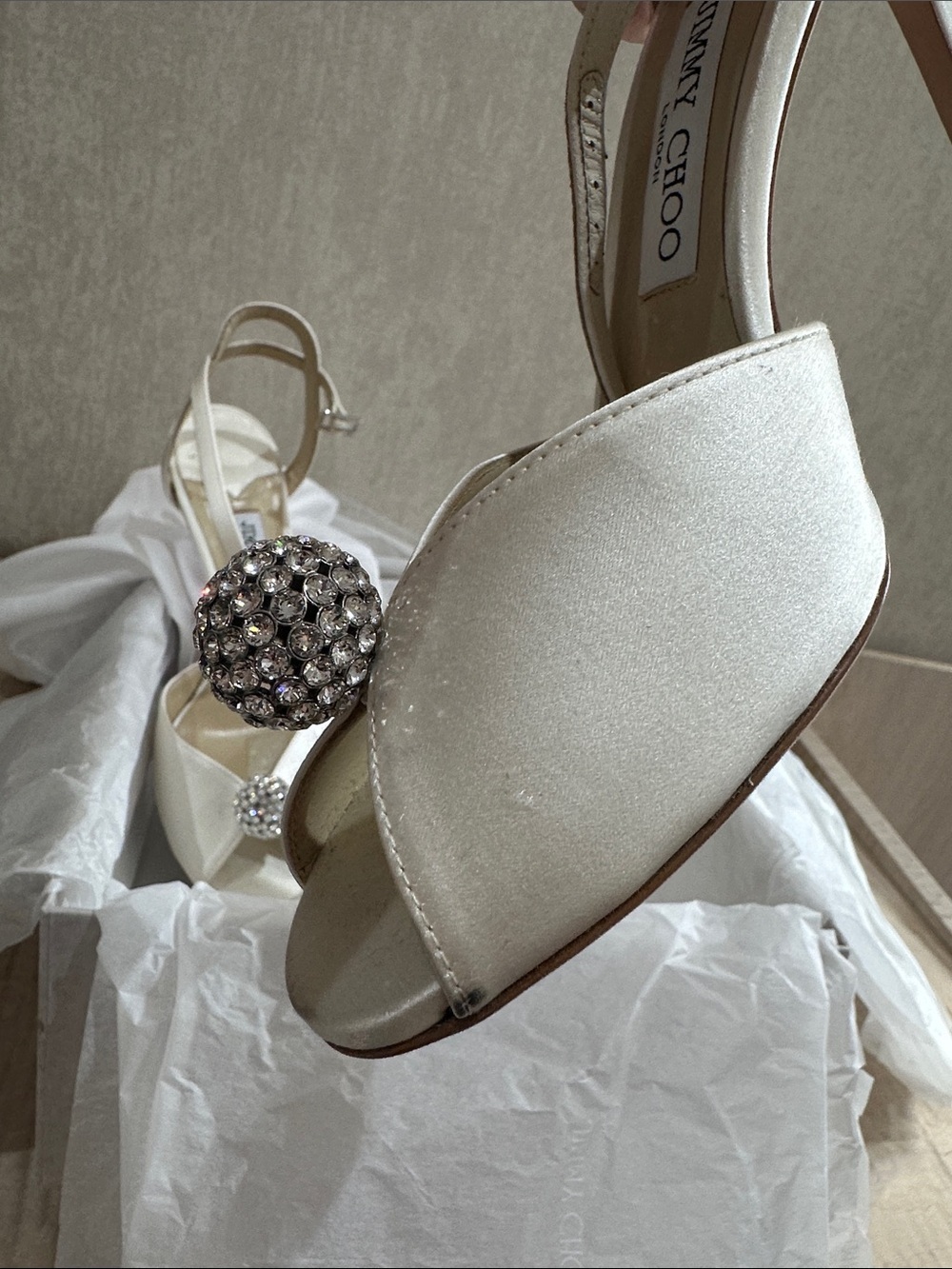Jimmy Choo Ivory Crystal Satin Pointed-Toe Heels - Picture 12 of 12